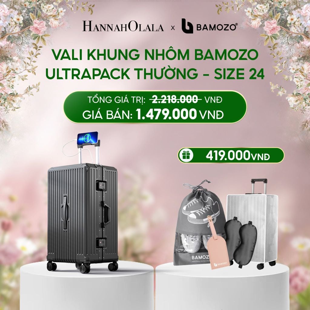 E1491_DEAL 4: VALI BAMOZO KHUNG NHÔM ULTRAPACK CAO CẤP (TẶNG BỌC VALI CC TRONG SUỐT + THẺ TAG DA CHỐNG THẤT LẠC+TÚI TOTE + TÚI ĐỰNG GIÀY 