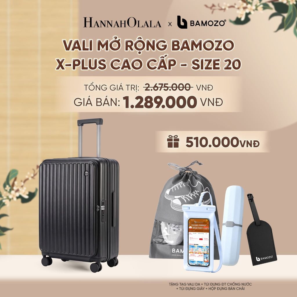  VALI MỞ RỘNG BAMOZO X-PLUS TĂNG 15% SỨC CHỨA, NHỰA PC NGUYÊN KHỐI ( (TẶNG TAG VALI DA + TÚI ĐỰNG ĐT CHỐNG NƯỚC + TÚI ĐỰNG GIÀY + HỘP ĐỰNG BÀN CHẢI) - A2595 