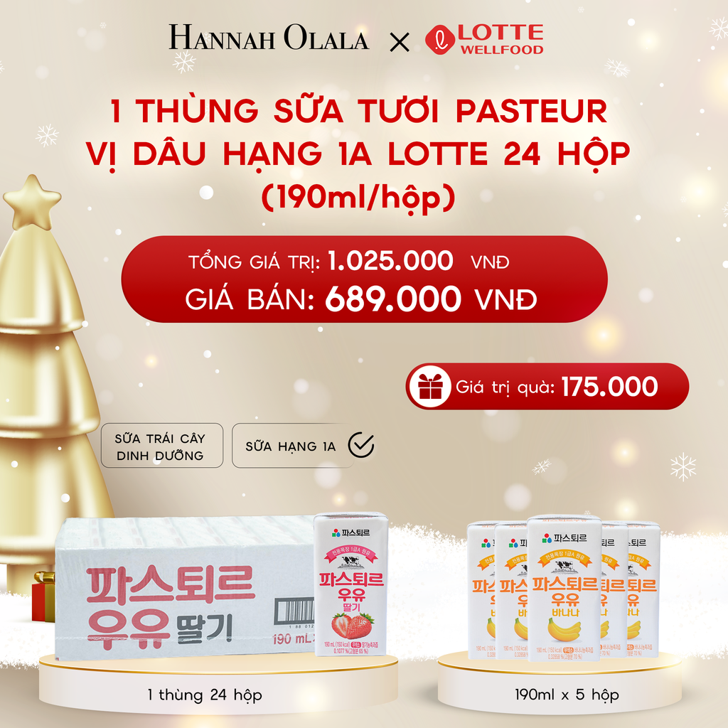  A1303_DEAL 2: 1 THÙNG SỮA TƯƠI PASTEUR VỊ DÂU HẠNG 1A LOTTE 24 HỘP (190ml/hộp) TẶNG 5 HỘP SỮA TƯƠI LOTTE CHUỐI 