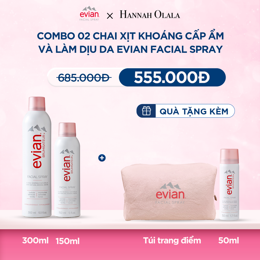  DEAL 2: COMBO 2 CHAI XỊT KHOÁNG CẤP ẨM LÀM DỊU DA EVIAN FACIAL SPRAY 150ML & 300ML 
