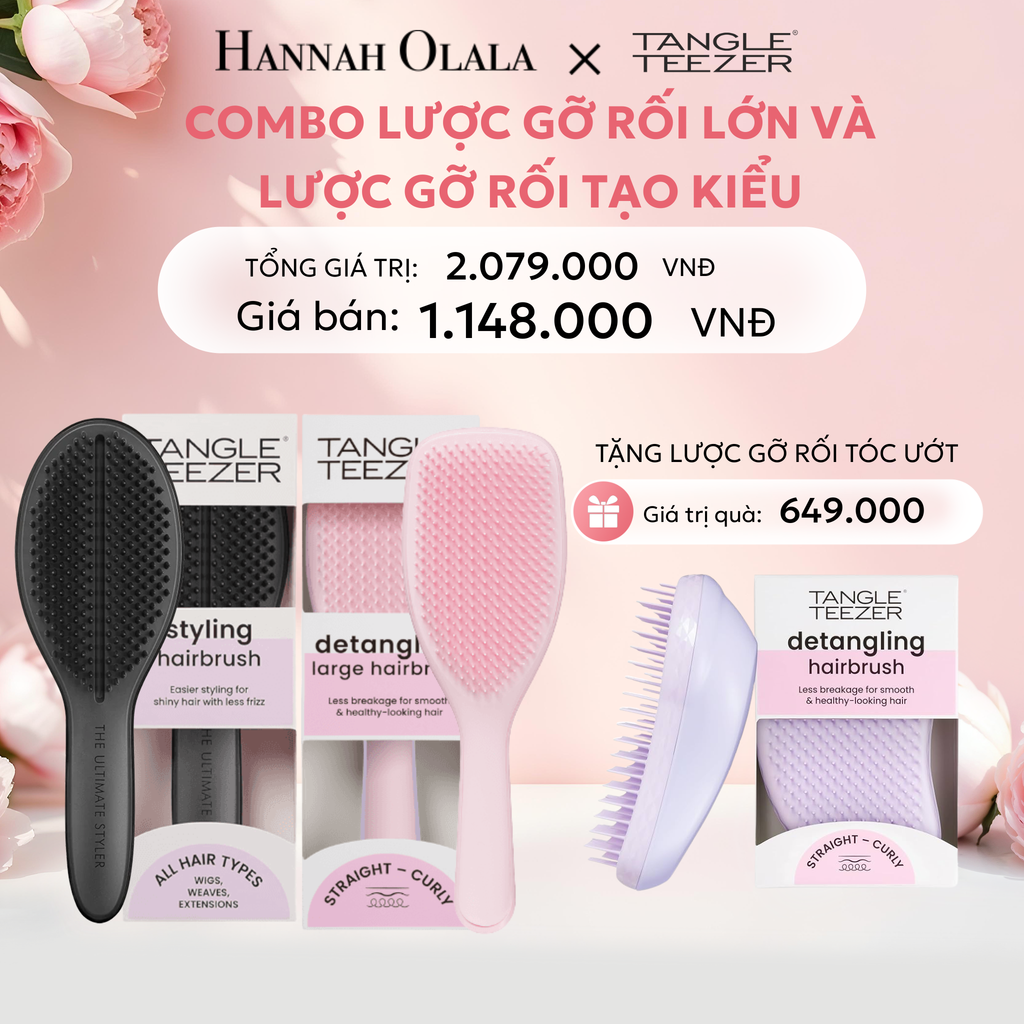  E641: DEAL 2: [MUA 2 TẶNG 1] LƯỢC GỠ RỐI DÀNH CHO TÓC KHÔ VÀ ƯỚT - TANGLE TEEZER BLOW DRY DUSKY PINK + DETANGLE LARGE PEACH TẶNG ORIGINAL PINK 
