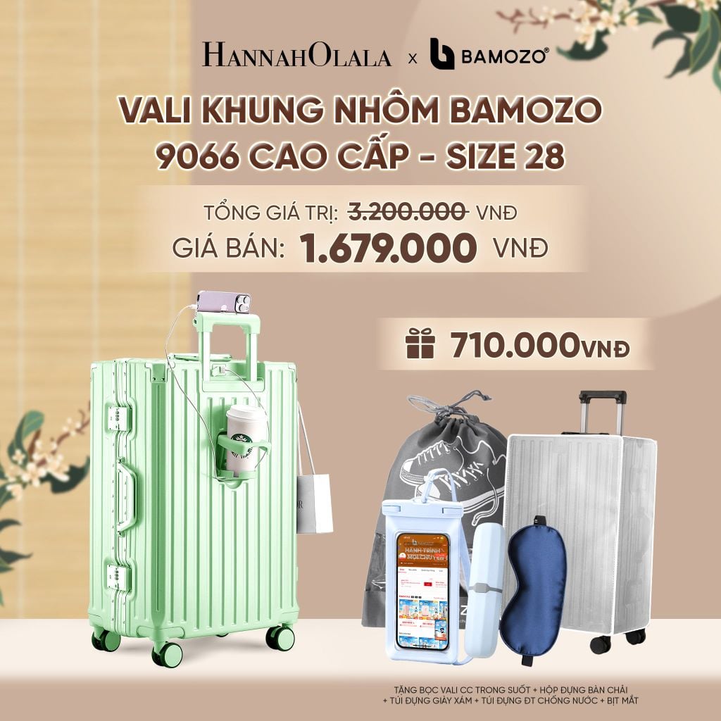  VALI BAMOZO KHUNG NHÔM 9066 BẢN CAO CẤP (TẶNG BỌC VALI CC TRONG SUỐT + HỘP ĐỰNG BÀN CHẢI + TÚI ĐỰNG GIÀY XÁM + TÚI ĐỰNG ĐT CHỐNG NƯỚC + BỊT MẮT) - A2508 
