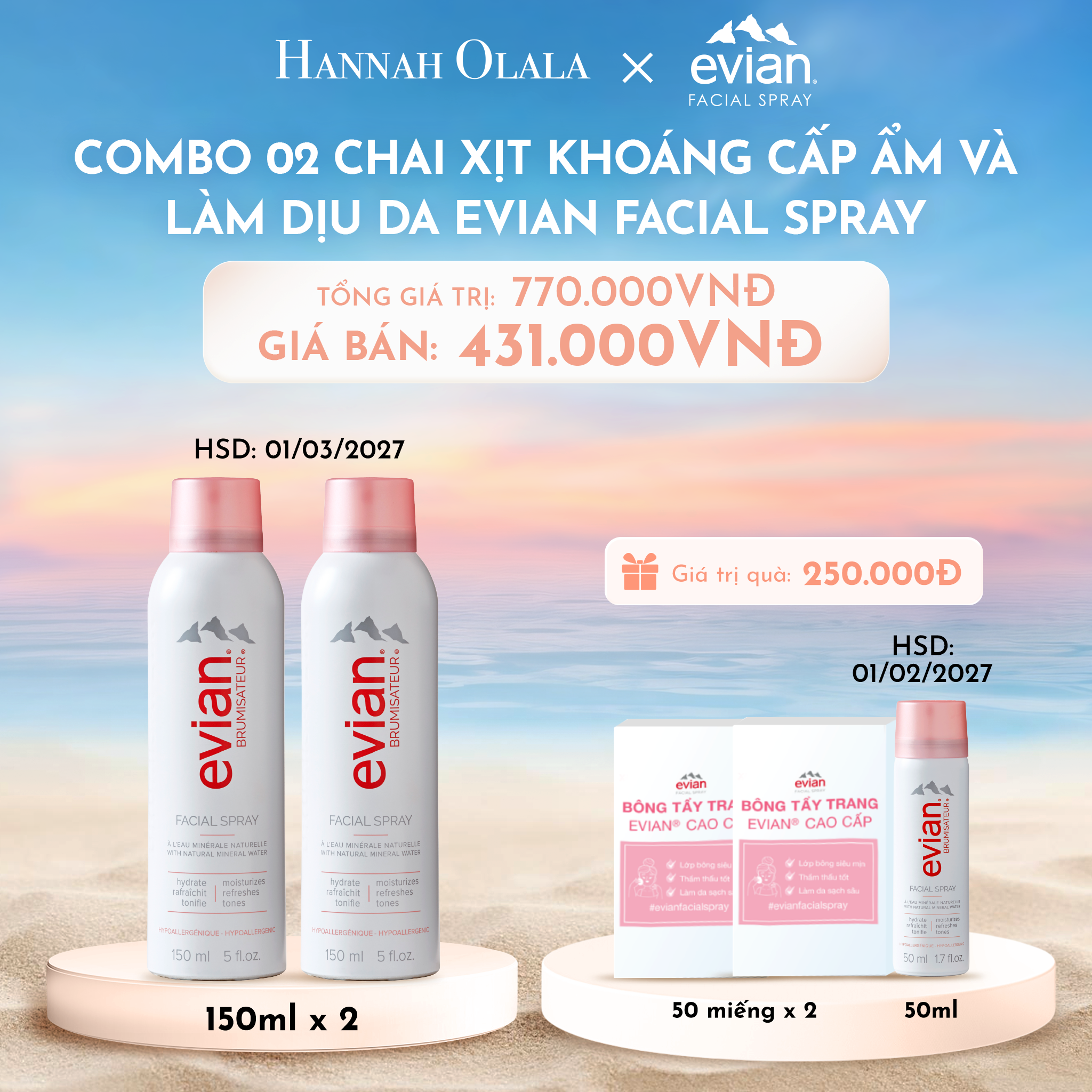  C646_DEAL 2: COMBO 2 CHAI XỊT KHOÁNG CẤP ẨM, LÀM DỊU DA EVIAN FACIAL SPRAY 150ML (HSD 01/03/2027) 