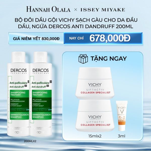  M39_DEAL 5: BỘ ĐÔI DẦU GỘI VICHY SẠCH GÀU CHO DA ĐẦU DẦU, NGỨA DERCOS ANTI DANDRUFF 200ML 