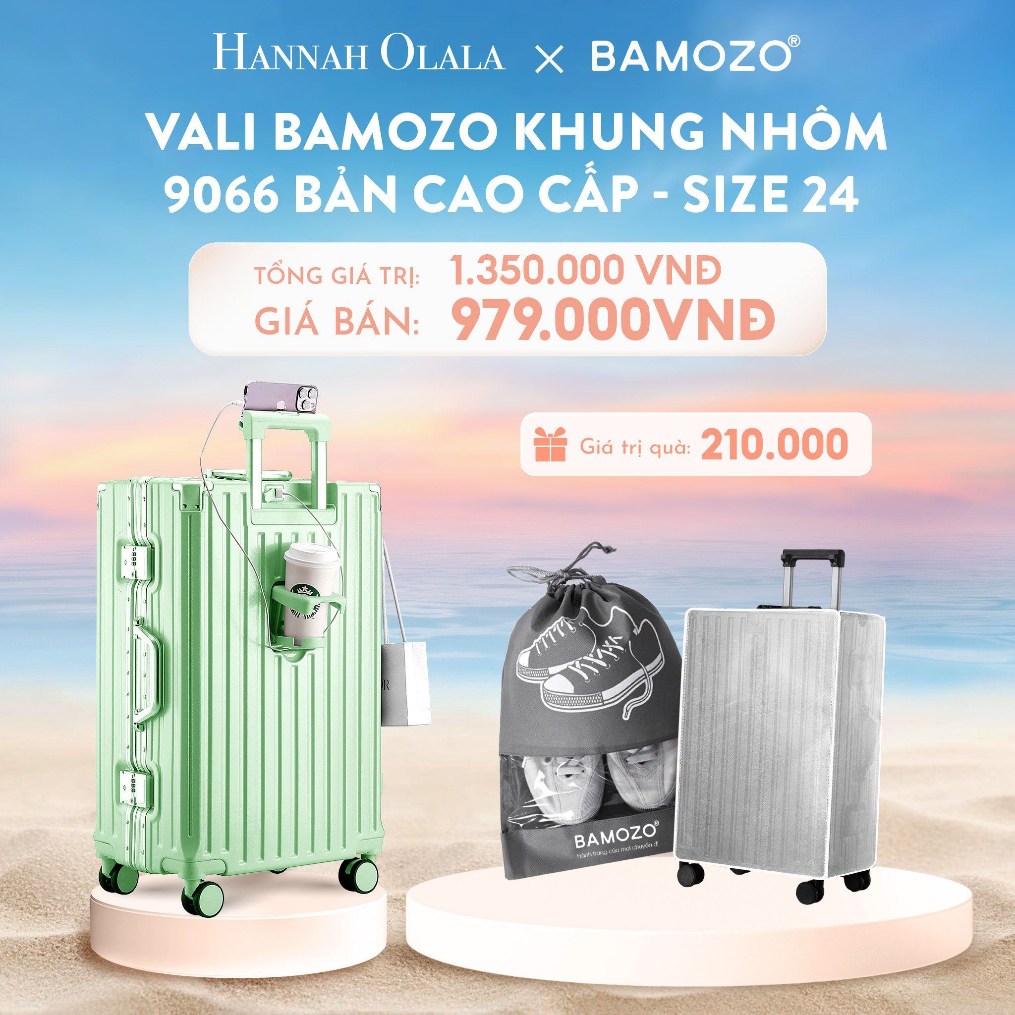  C905_DEAL 1: VALI BAMOZO KHUNG NHÔM 9066 BẢN CAO CẤP (TẶNG BỌC VALI CC TRONG SUỐT + TÚI ĐỰNG GIÀY) 