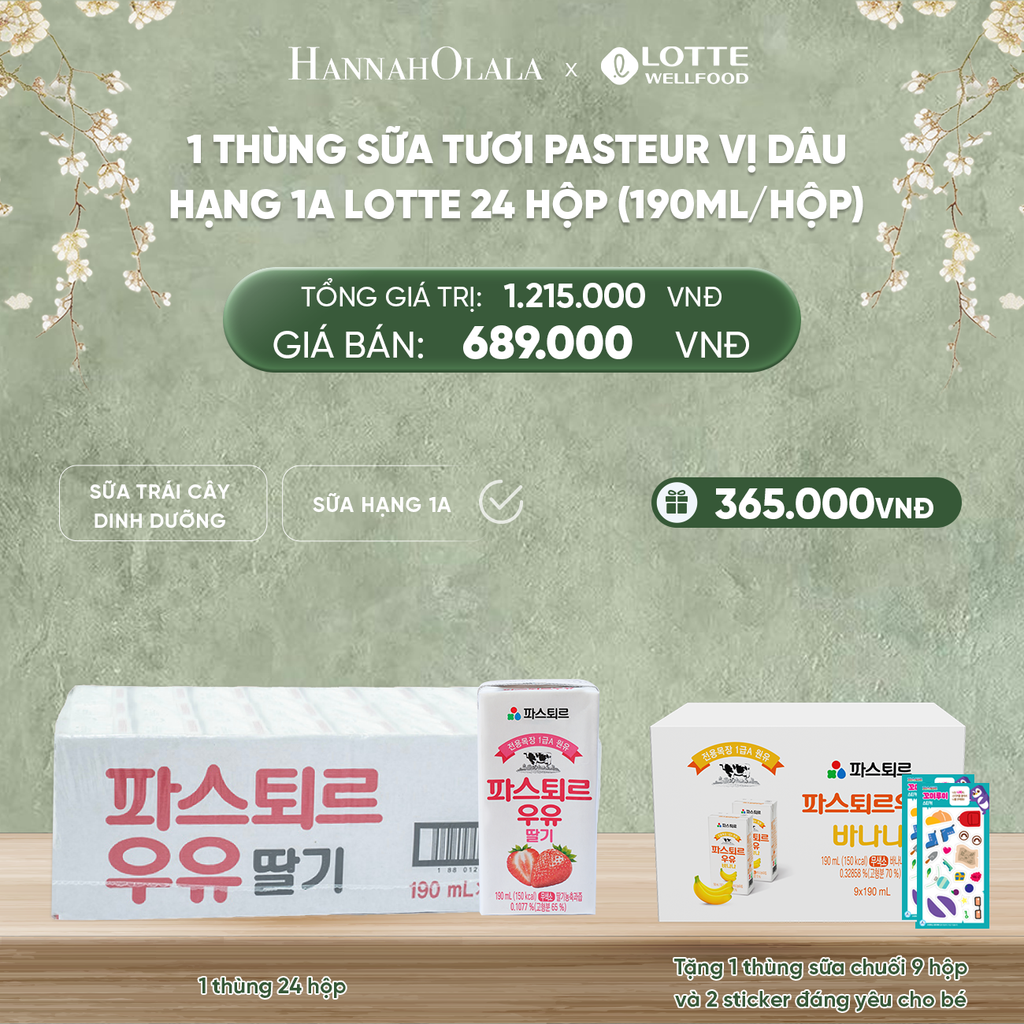  DEAL 2: 1 THÙNG SỮA TƯƠI PASTEUR VỊ DÂU HẠNG 1A LOTTE 24 HỘP (190ml/hộp) TẶNG 5 HỘP SỮA CHUỐI, 1 STICKER VÀ 1 GẤU BÔNG ĐÁNG YÊU CHO BÉ 