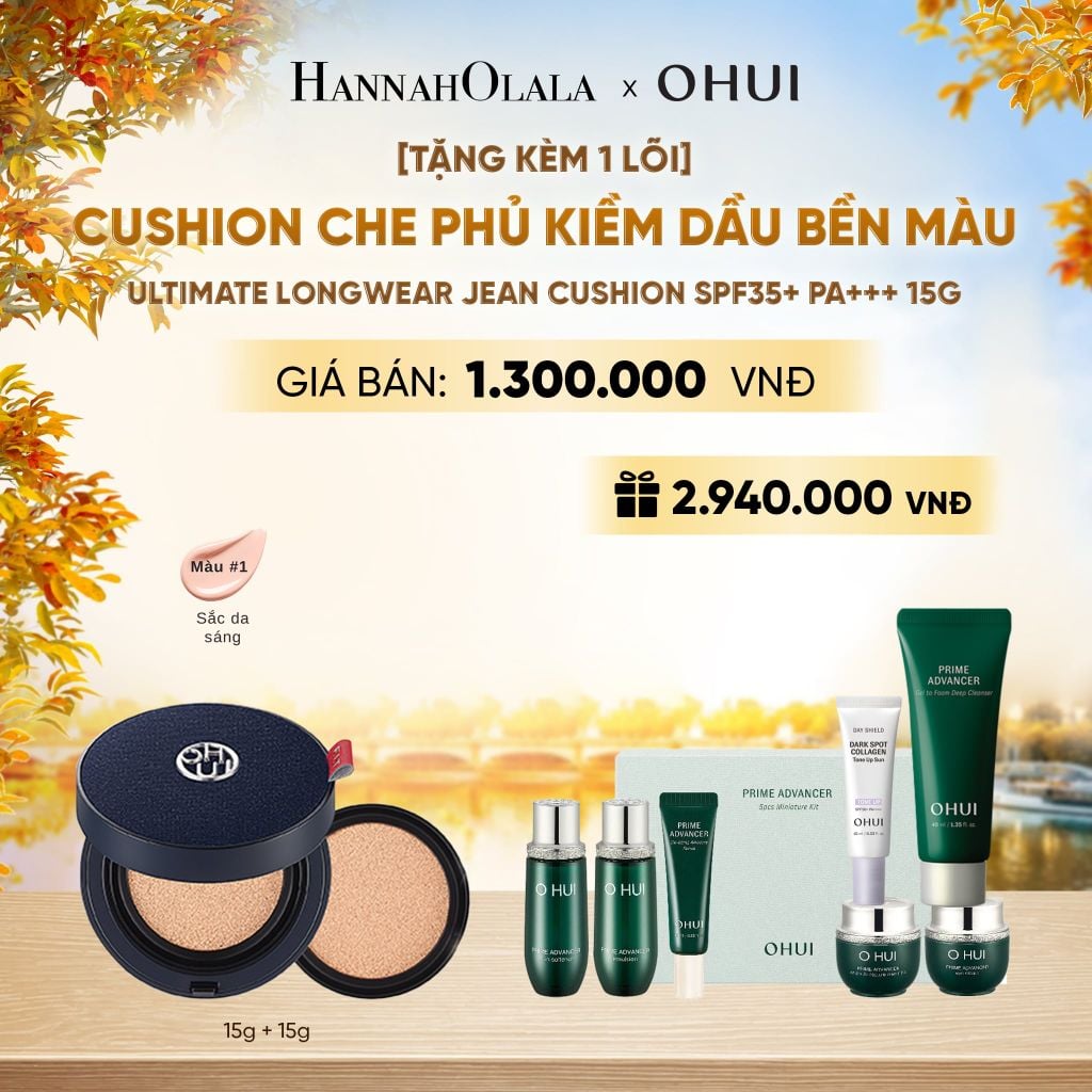  [TẶNG KÈM 1 LÕI] CUSHION CHE PHỦ KIỀM DẦU BỀN MÀU OHUI ULTIMATE LONGWEAR JEAN CUSHION SPF35+ PA+++ 15G - E2166 