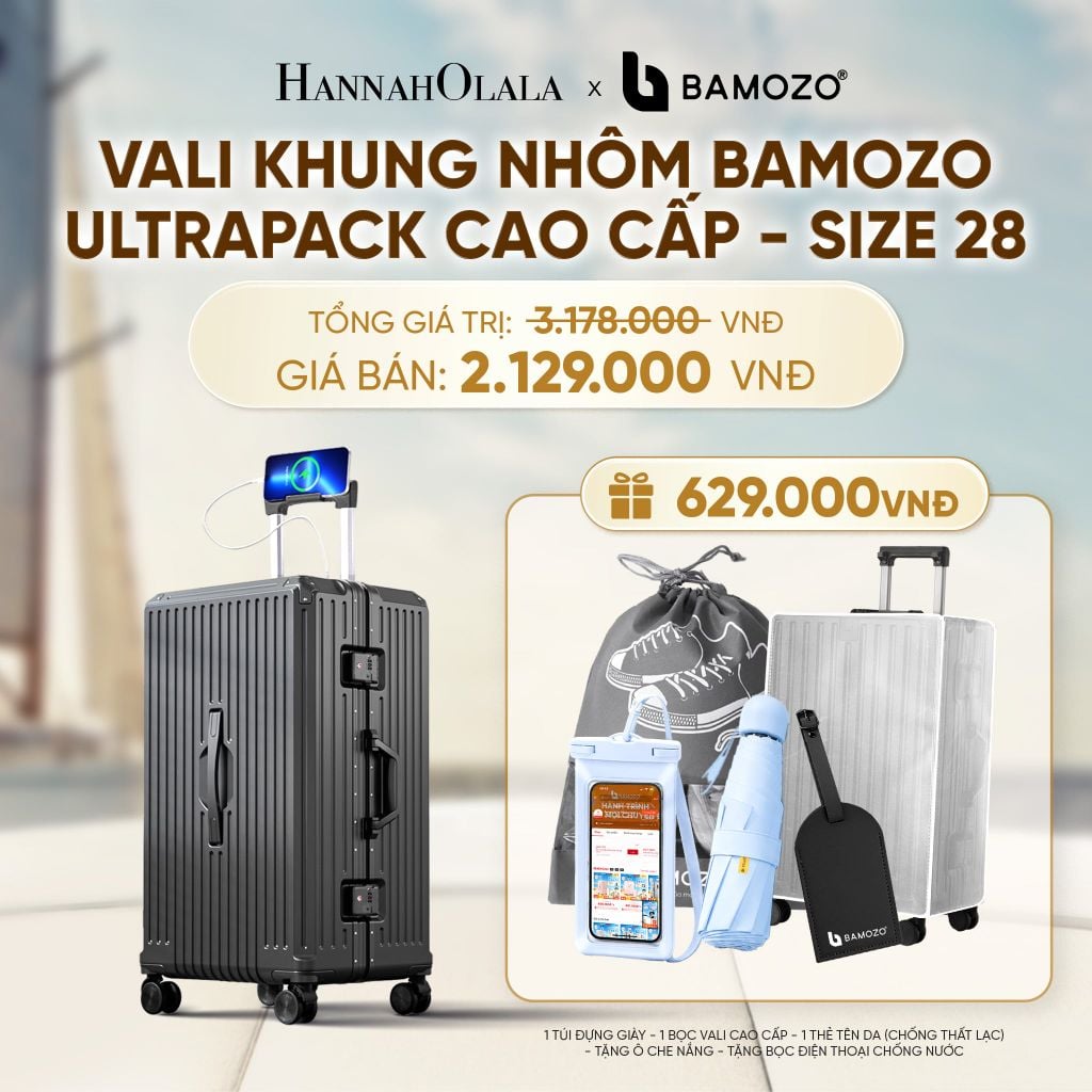  VALI BAMOZO KHUNG NHÔM ULTRAPACK CAO CẤP (TẶNG TÚI ĐỰNG GIÀY + BỌC VALI CC TRONG SUỐT + THẺ TAG DA CHỐNG THẤT LẠC + Ô CHE NẮNG + TÚI ĐỰNG ĐT CHỐNG NƯỚC) - A1624 