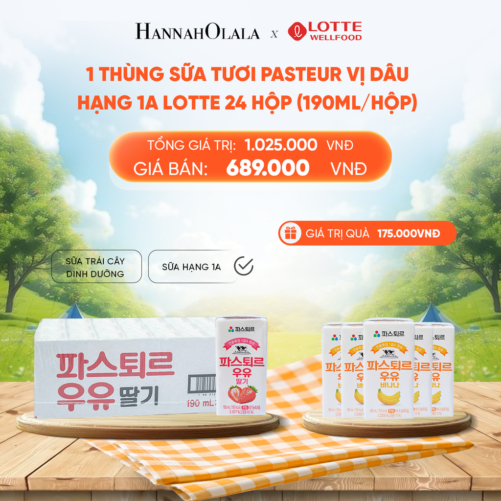  DEAL 2: 1 THÙNG SỮA TƯƠI PASTEUR VỊ DÂU HẠNG 1A LOTTE 24 HỘP (190ml/hộp) TẶNG 5 HỘP SỮA TƯƠI LOTTE CHUỐI 