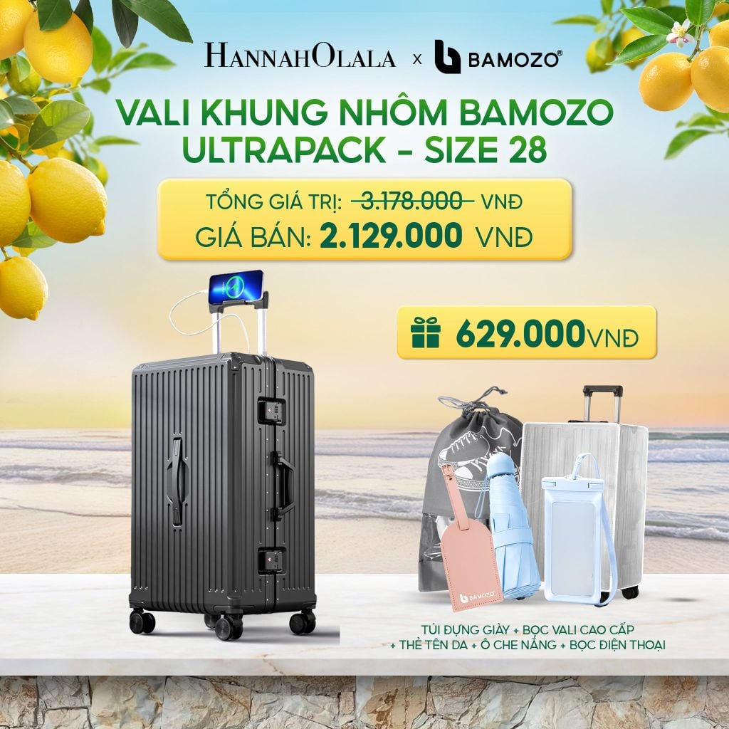  VALI BAMOZO KHUNG NHÔM ULTRAPACK CAO CẤP (TẶNG BỌC VALI CC TRONG SUỐT + THẺ TAG DA CHỐNG THẤT LẠC + TÚI ĐỰNG GIÀY) - DEAL 4 