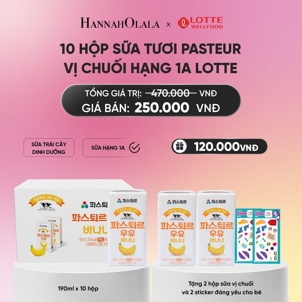  DEAL 2: SỮA TƯƠI PASTEUR VỊ CHUỐI HẠNG 1A LOTTE 10 HỘP (190ML/HỘP) TẶNG 2 HỘP SỮA VỊ CHUỐI VÀ 2 STICKER ĐÁNG YÊU CHO BÉ_A1205 