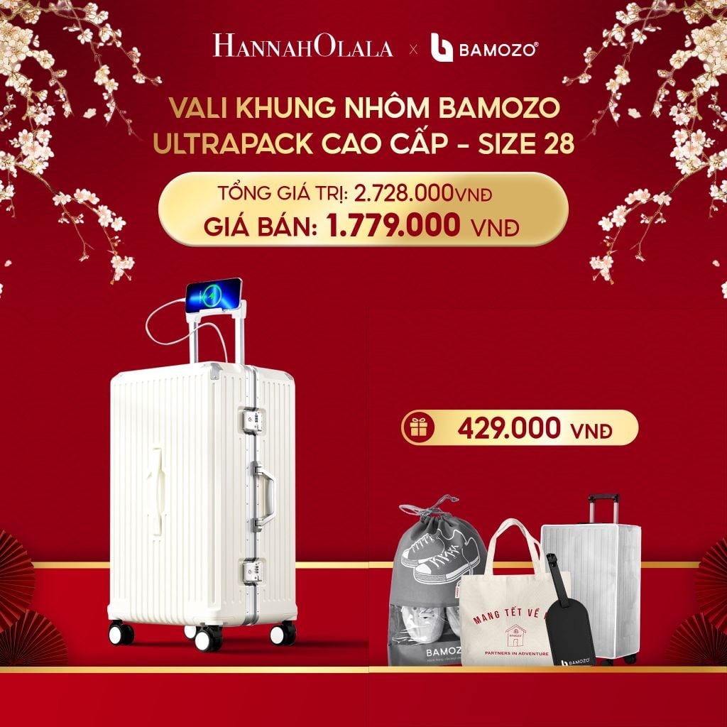 A1003_DEAL 4: VALI BAMOZO KHUNG NHÔM ULTRAPACK CAO CẤP (TẶNG BỌC VALI CC TRONG SUỐT + THẺ TAG DA CHỐNG THẤT LẠC+TÚI TOTE + TÚI ĐỰNG GIÀY 