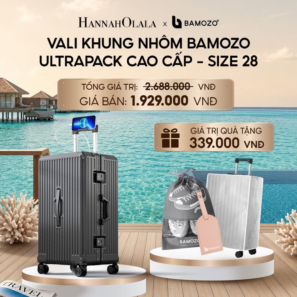  VALI BAMOZO KHUNG NHÔM ULTRAPACK CAO CẤP (TẶNG BỌC VALI CC TRONG SUỐT + THẺ TAG DA CHỐNG THẤT LẠC + TÚI ĐỰNG GIÀY)_ D852 