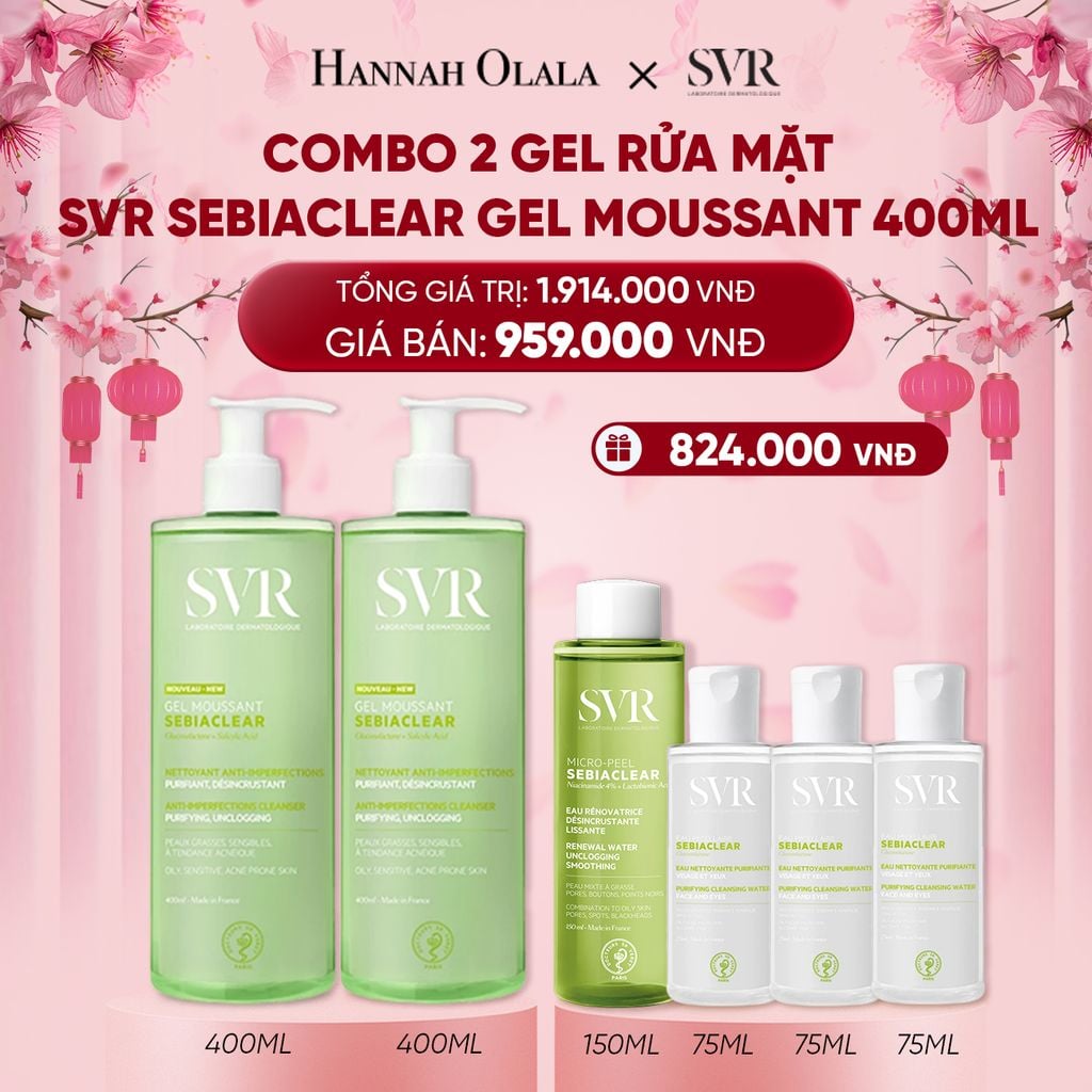  DEAL 02: COMBO 2 GEL RỬA MẶT CHO DA DẦU MỤN, KHÔNG CHỨA XÀ PHÒNG SVR SEBIACLEAR GEL MOUSSANT 400ML 