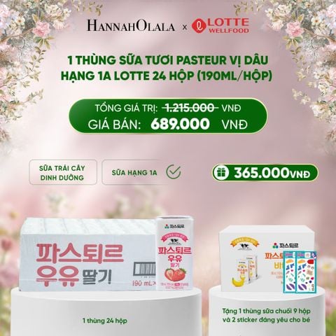  E846_DEAL 2: 1 THÙNG SỮA TƯƠI PASTEUR VỊ DÂU HẠNG 1A LOTTE 24 HỘP (190ML/HỘP) TẶNG 1 THÙNG SỮA TƯƠI PASTEUR VỊ CHUỐI HẠNG 1A LOTTE 9 HỘP VÀ 2 STICKER ĐÁNG YÊU CHO BÉ 