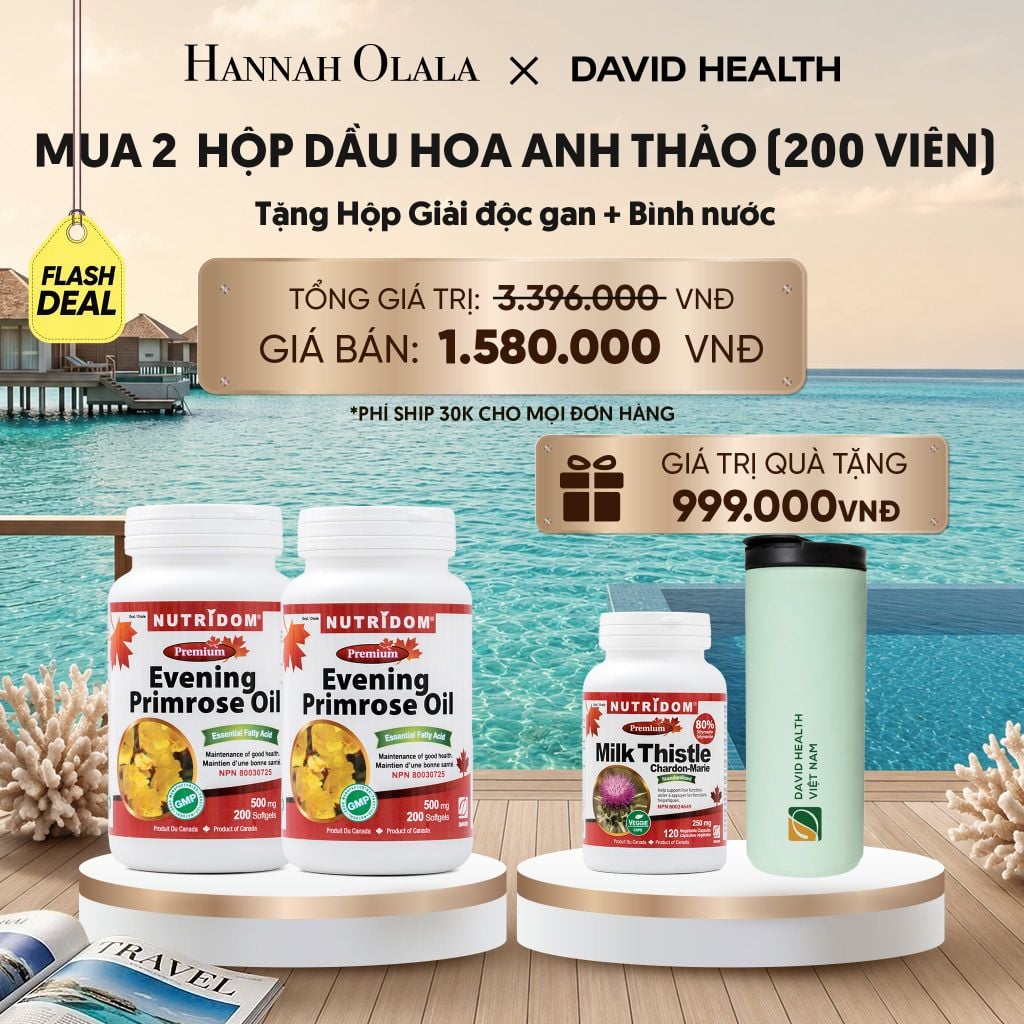  MUA 2 LỌ HỘP DẦU HOA ANH THẢO CHIỀU (200 VIÊN) - TẶNG 1 HỘP GIẢI ĐỘC GAN KẾ SỮA + BÌNH NƯỚC GIỮ NHIỆT CAO CẤP DAVID HEALTH - FLASH DEAL 