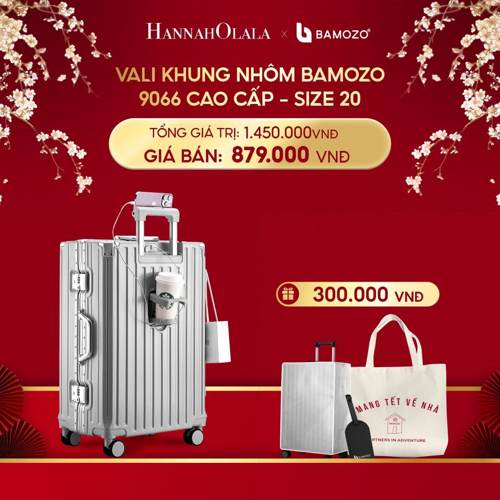  A967_DEAL 2: VALI BAMOZO KHUNG NHÔM 9066 BẢN CAO CẤP (TẶNG BỌC VALI CC TRONG SUỐT + THẺ TAG DA CHỐNG THẤT LẠC + TÚI TOTE) 