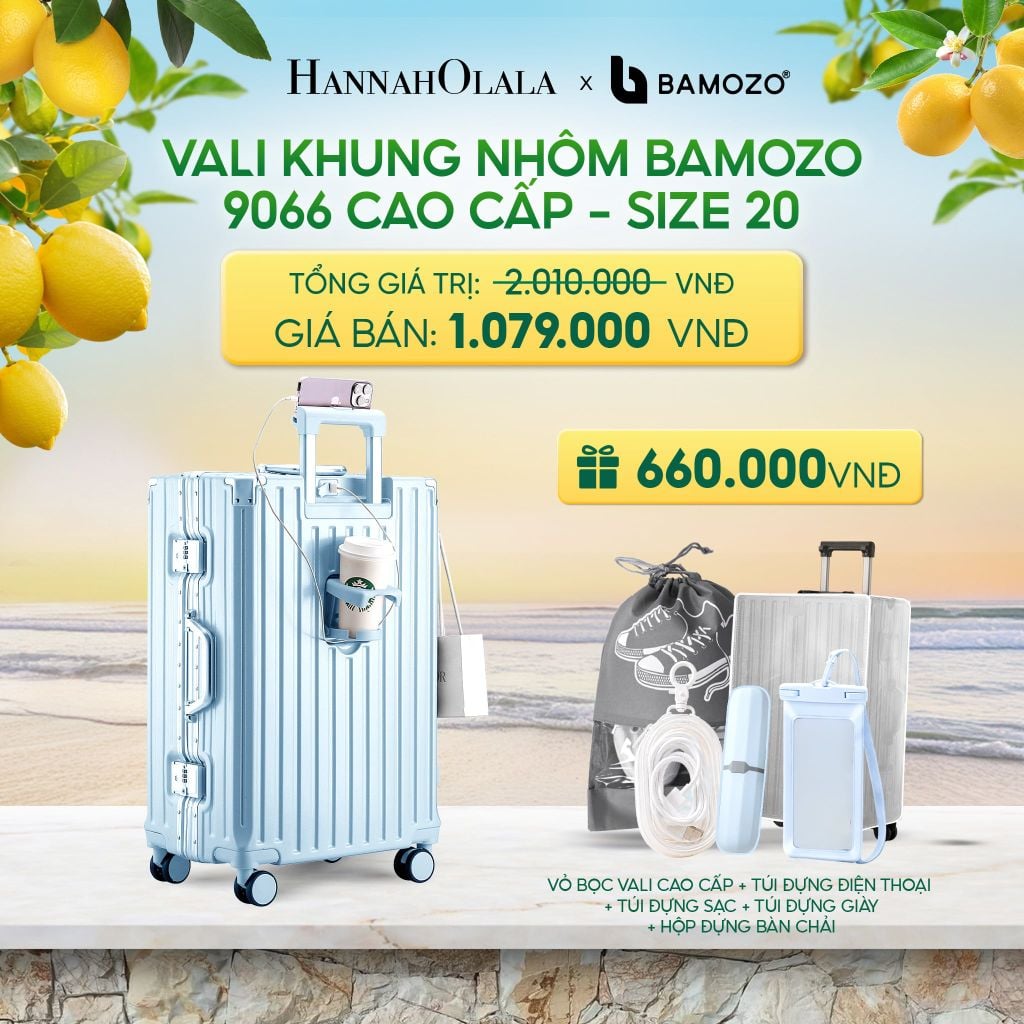  VALI BAMOZO KHUNG NHÔM 9066 BẢN CAO CẤP (TẶNG BỌC VALI CC TRONG SUỐT + HỘP ĐỰNG BÀN CHẢI + TÚI ĐỰNG GIÀY XÁM - DEAL 2 