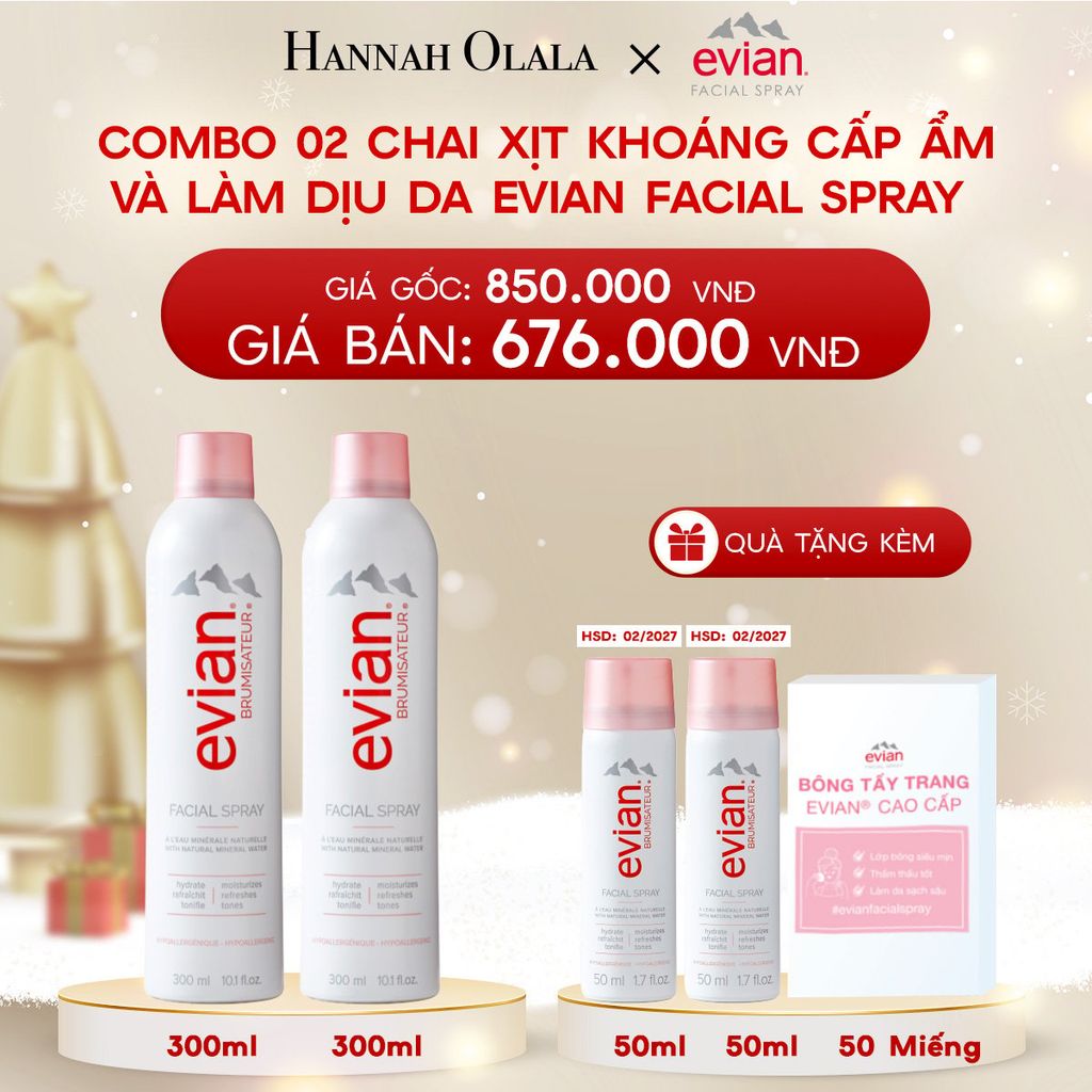 A128_DEAL 1: COMBO 2 CHAI XỊT KHOÁNG CẤP ẨM, LÀM DỊU DA EVIAN FACIAL SPRAY 300ML 