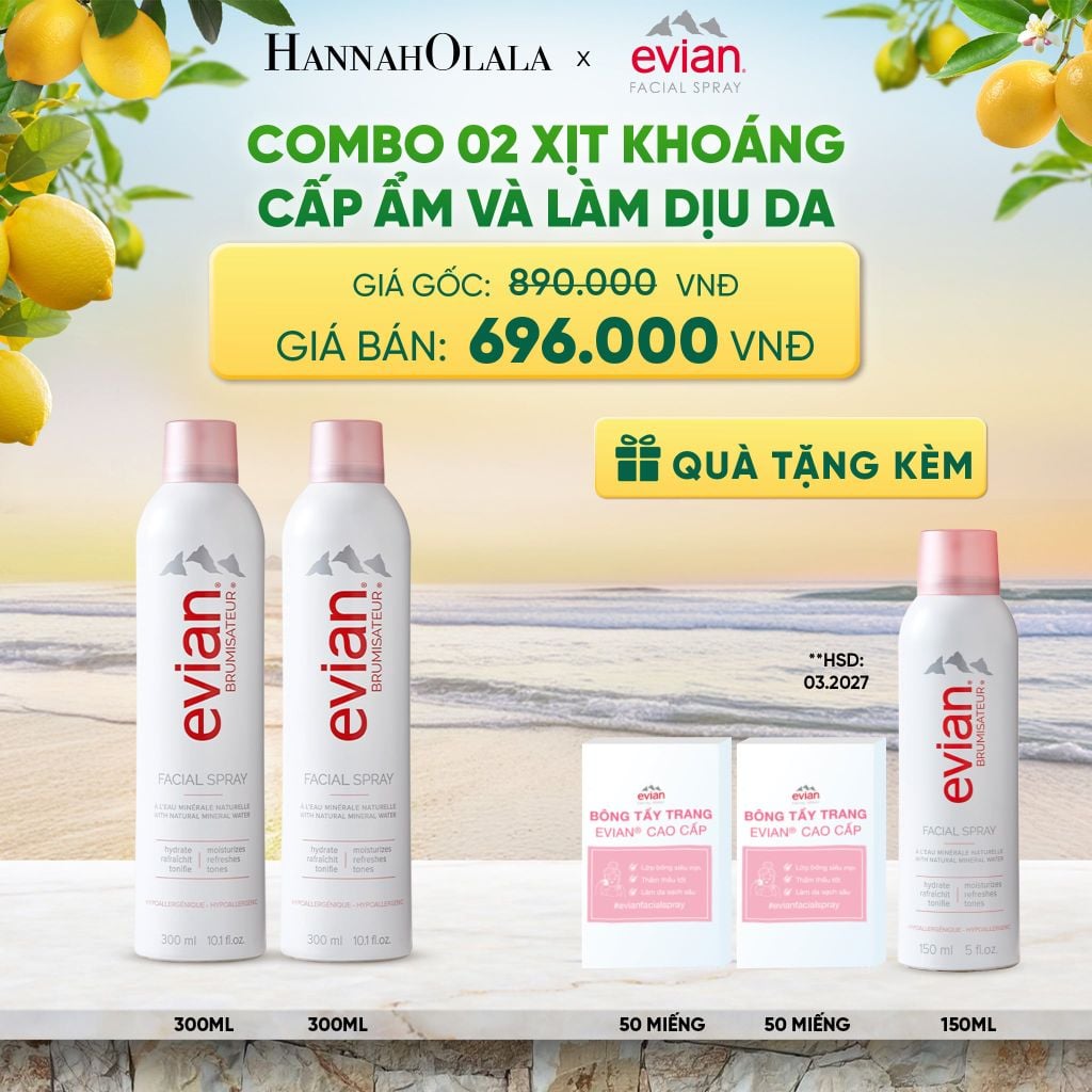  COMBO 2 CHAI XỊT KHOÁNG CẤP ẨM, LÀM DỊU DA EVIAN FACIAL SPRAY 300ML 