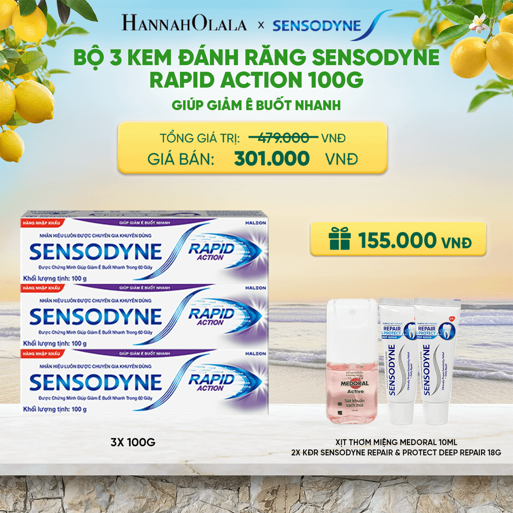  BỘ 3 KEM ĐÁNH RĂNG SENSODYNE RAPID ACTION 100G GIÚP GIẢM Ê BUỐT NHANH 