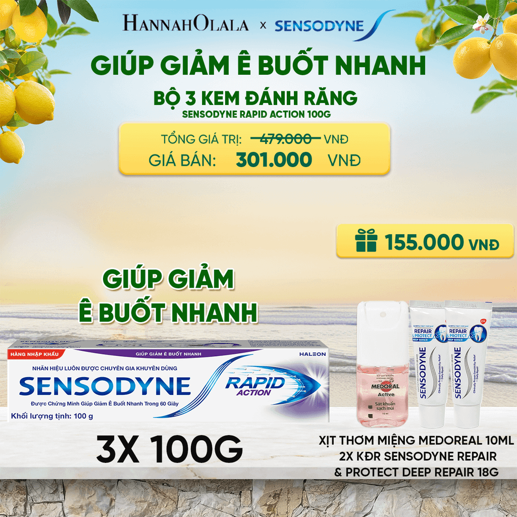  BỘ 3 KEM ĐÁNH RĂNG SENSODYNE RAPID ACTION 100G GIÚP GIẢM Ê BUỐT NHANH - A2090 