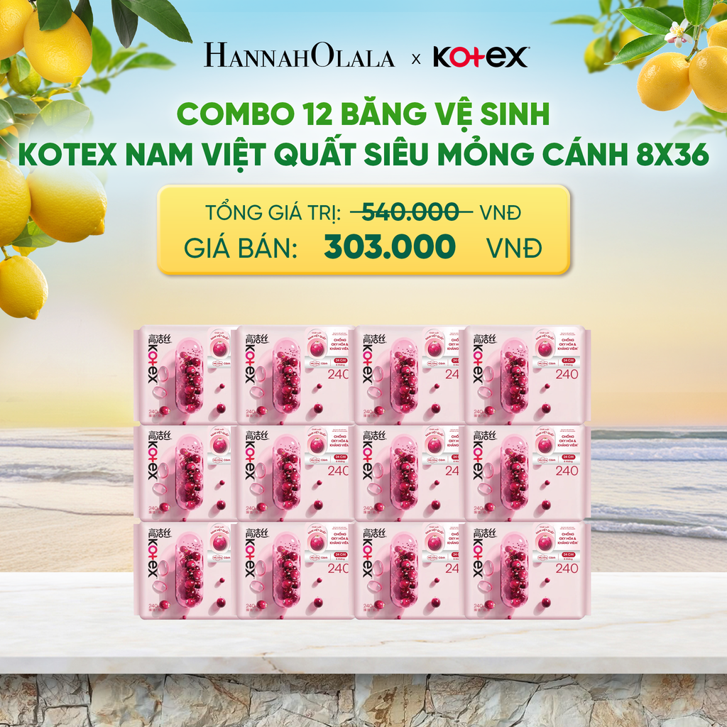  COMBO 12 BĂNG VỆ SINH KOTEX NAM VIỆT QUẤT SIÊU MỎNG CÁNH 8X36 - A771 