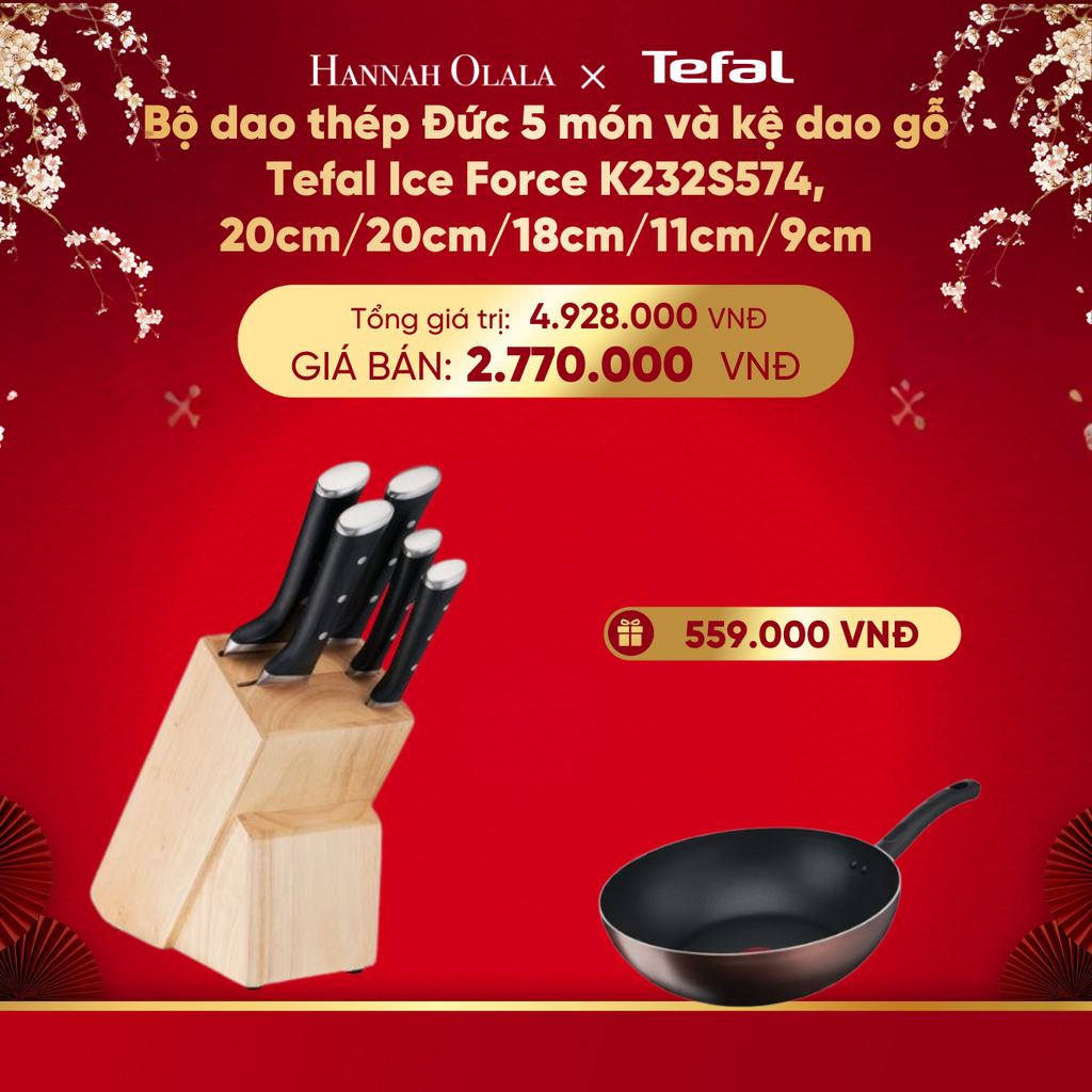  DEAL 14.2: BỘ DAO THÉP ĐỨC 5 MÓN VÀ KỆ DAO GỖ TEFAL ICE FORCE K232S574, 20CM/20CM/18CM/11CM/9CM 