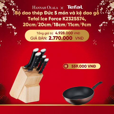  DEAL 14.2: BỘ DAO THÉP ĐỨC 5 MÓN VÀ KỆ DAO GỖ TEFAL ICE FORCE K232S574, 20CM/20CM/18CM/11CM/9CM 