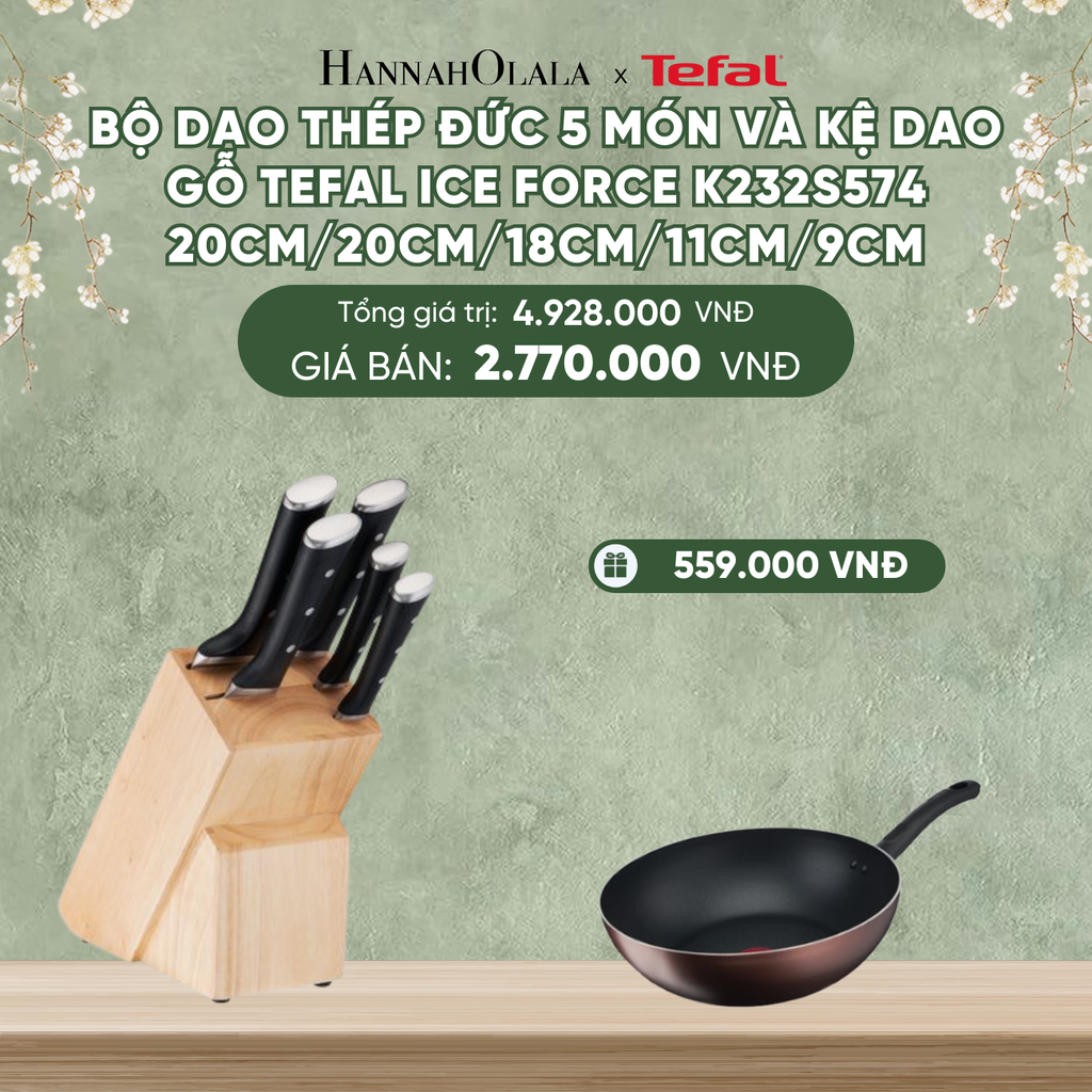  DEAL 14.2: BỘ DAO THÉP ĐỨC 5 MÓN VÀ KỆ DAO GỖ TEFAL ICE FORCE K232S574, 20CM/20CM/18CM/11CM/9CM 