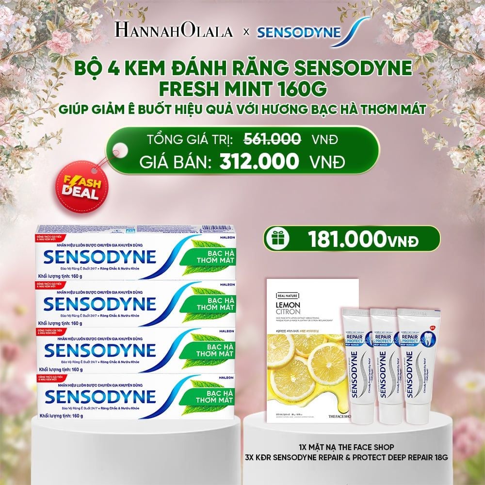  E471_DEAL 1: [FLASH DEAL] BỘ 4 KEM ĐÁNH RĂNG SENSODYNE FRESH MINT 160G GIÚP GIẢM Ê BUỐT HIỆU QUẢ VỚI HƯƠNG BẠC HÀ THƠM MÁT 