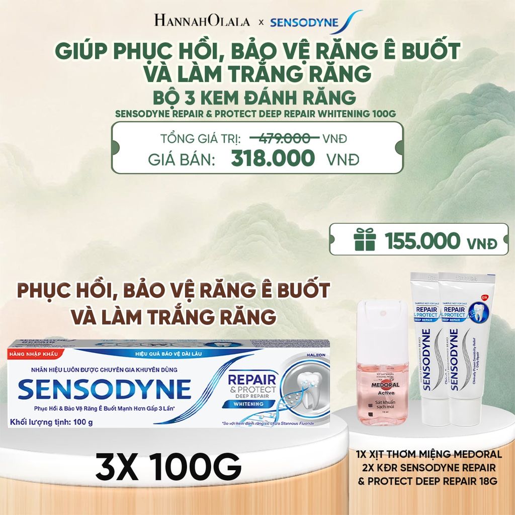  BỘ 3 KEM ĐÁNH RĂNG SENSODYNE REPAIR & PROTECT DEEP REPAIR WHITENING 100G PHỤC HỒI, BẢO VỆ RĂNG Ê BUỐT VÀ LÀM TRẮNG RĂNG - A1056 