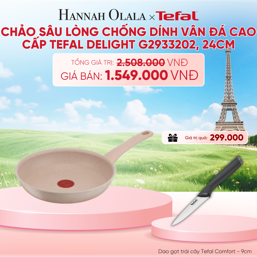  CHẢO SÂU LÒNG CHỐNG DÍNH VÂN ĐÁ CAO CẤP TEFAL DELIGHT G2933202, 24CM - B266 