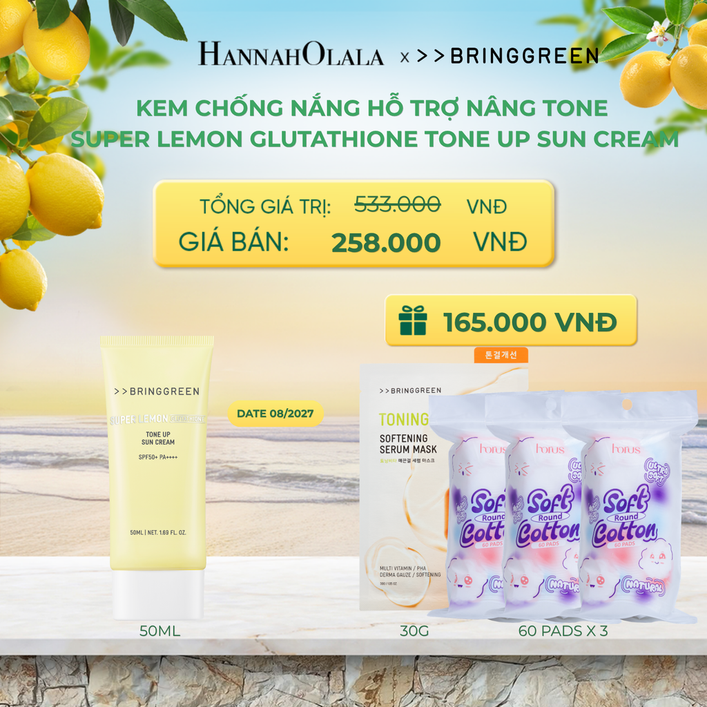  KEM CHỐNG NẮNG HỖ TRỢ NÂNG TONE BRING GREEN SUPER LEMON GLUTATHIONE TONE UP SUN CREAM 50ML - A412 
