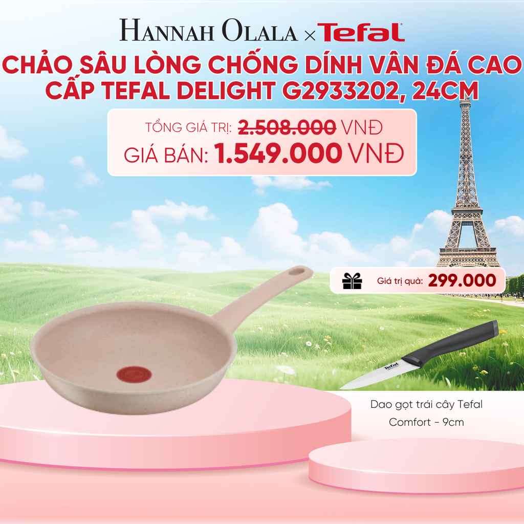  CHẢO SÂU LÒNG CHỐNG DÍNH VÂN ĐÁ CAO CẤP TEFAL DELIGHT G2933202, 24CM - B266 