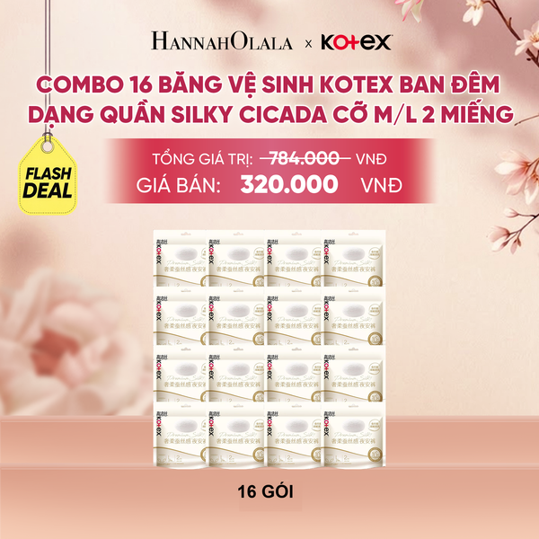  [FLASHDEAL] COMBO 16 BĂNG VỆ SINH KOTEX BAN ĐÊM DẠNG QUẦN SILKY CICADA CỠ M/L 2 MIẾNG - A602 