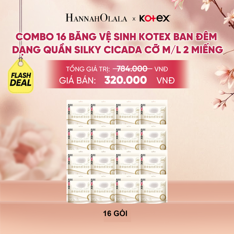  [FLASHDEAL] COMBO 16 BĂNG VỆ SINH KOTEX BAN ĐÊM DẠNG QUẦN SILKY CICADA CỠ M/L 2 MIẾNG - A602 
