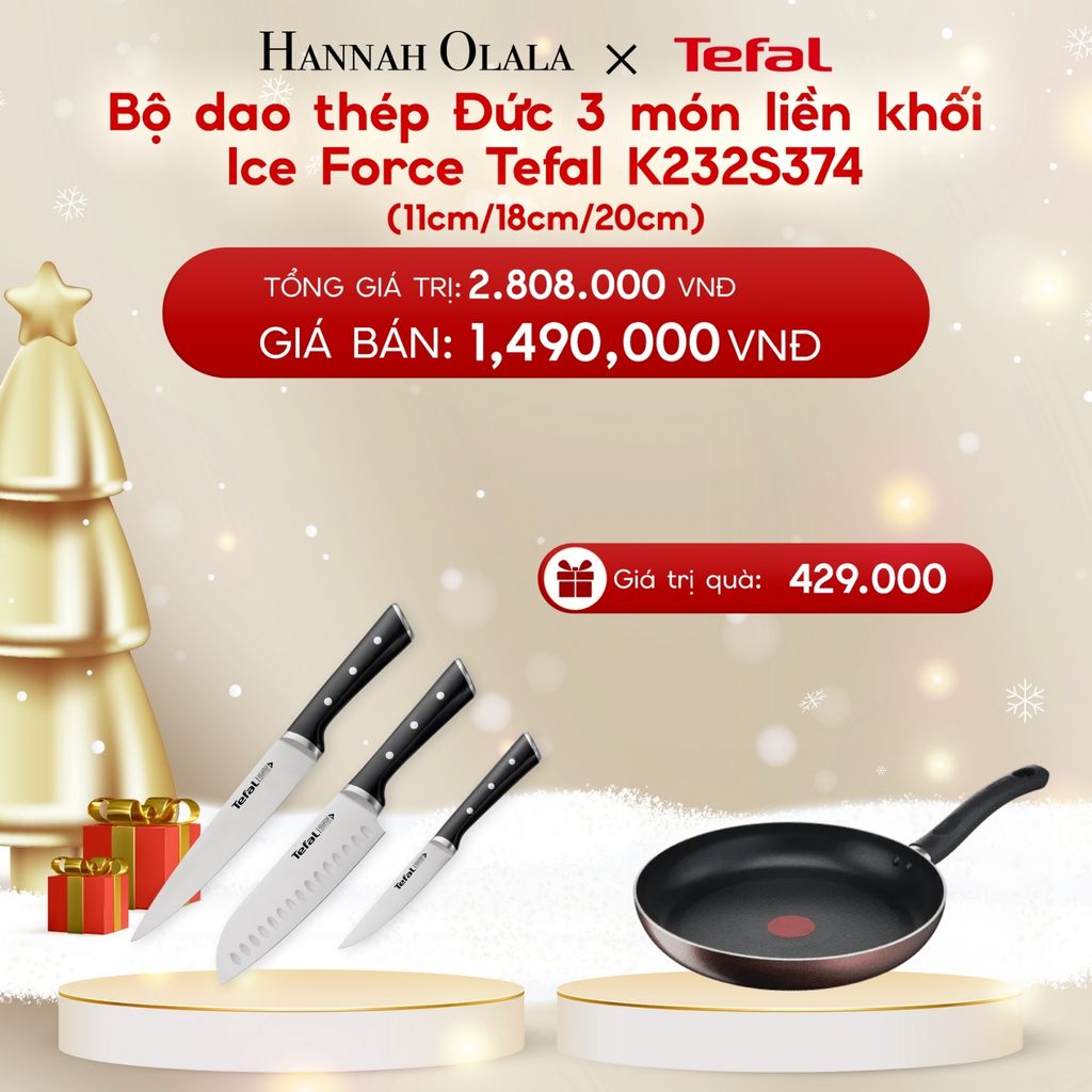  A1178_DEAL 15.1: BỘ DAO THÉP ĐỨC 3 MÓN LIỀN KHỐI ICE FORCE TEFAL K232S374, 11CM/18CM/20CM 
