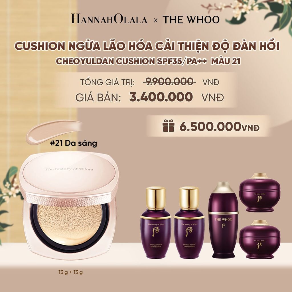  [TẶNG KÈM 1 LÕI] CUSHION NGỪA LÃO HÓA CẢI THIỆN ĐỘ ĐÀN HỒI WHOO CHEOYULDAN SIGNATURE CUSHION FOUNDATION SPF35/PA++ - MÀU 21 - A114 