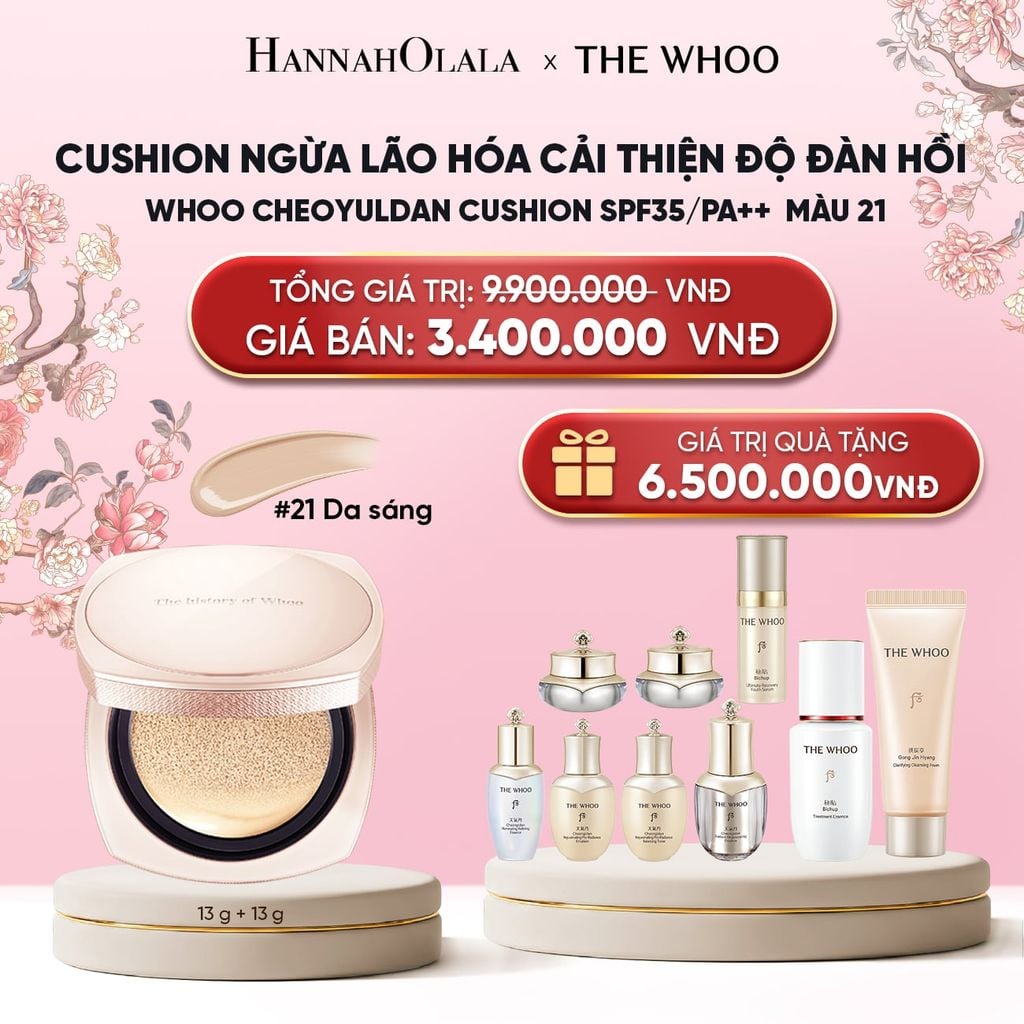  [TẶNG KÈM 1 LÕI] CUSHION NGỪA LÃO HÓA CẢI THIỆN ĐỘ ĐÀN HỒI WHOO CHEOYULDAN SIGNATURE CUSHION FOUNDATION SPF35/PA++ 