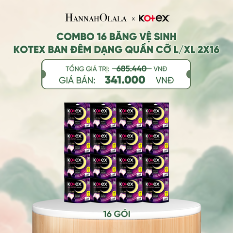  COMBO 16 BĂNG VỆ SINH KOTEX BAN ĐÊM DẠNG QUẦN CỠ L/XL 2X16 