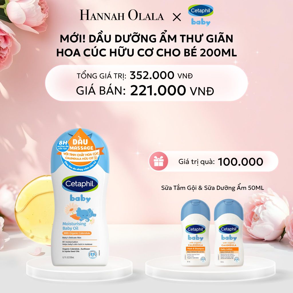  E416: DEAL 17: DẦU MASSAGE DƯỠNG ẨM LÀM DỊU DA BÉ VỚI HOA CÚC CALENDULA HỮU CƠ CETAPHIL BABY MOISTURISING BABY OIL WITH ORGANIC CALENDULA 200ML 