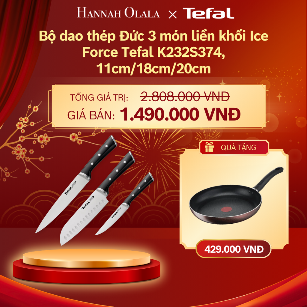  DEAL 16.1: BỘ DAO THÉP ĐỨC 3 MÓN LIỀN KHỐI ICE FORCE TEFAL K232S374, 11CM/18CM/20CM 