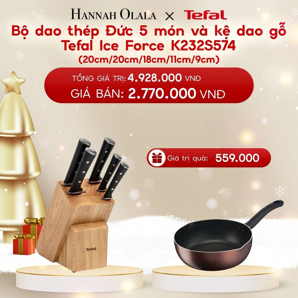  A1179_DEAL 15.2: BỘ DAO THÉP ĐỨC 5 MÓN VÀ KỆ DAO GỖ TEFAL ICE FORCE K232S574, 20CM/20CM/18CM/11CM/9CM 
