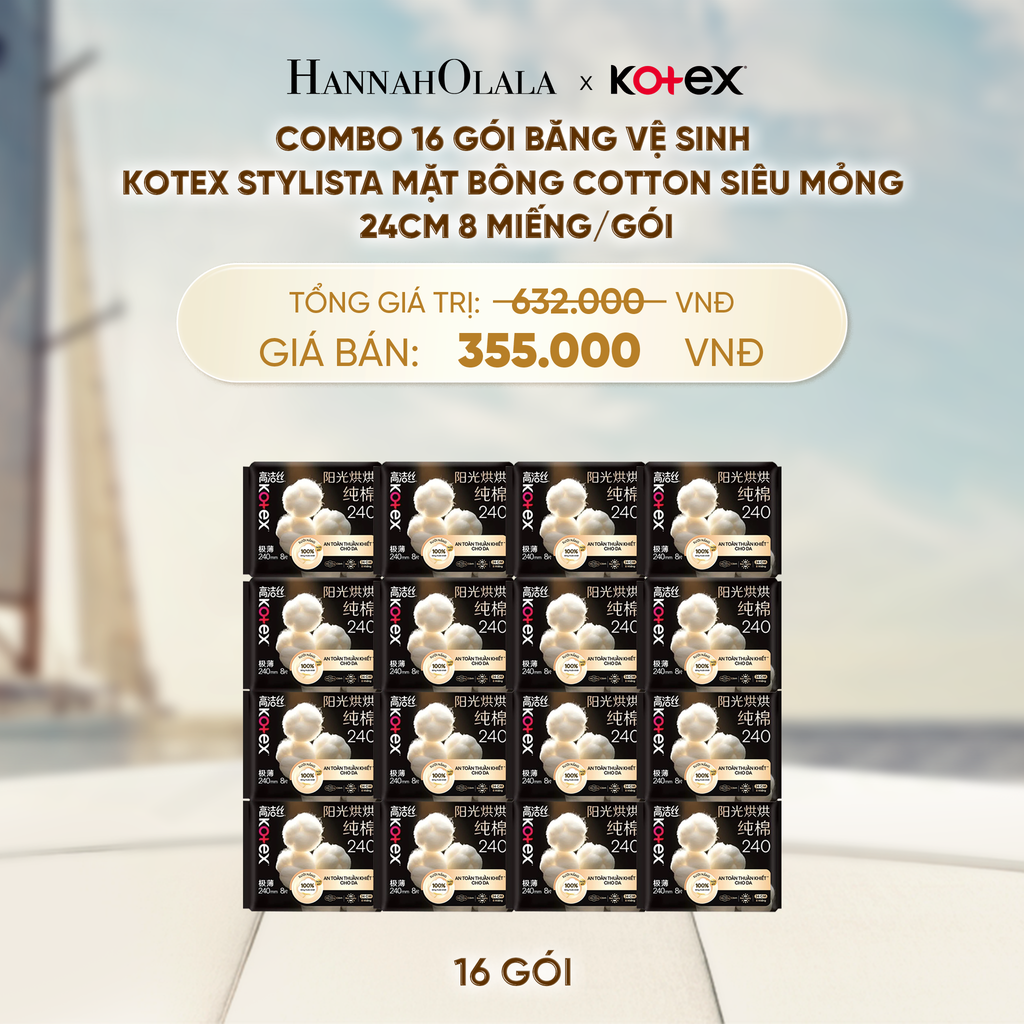  COMBO 16 GÓI BĂNG VỆ SINH KOTEX STYLISTA MẶT BÔNG COTTON SIÊU MỎNG CÁNH SƯỞI NĂNG 1620 GIỜ 24CM 8 MIẾNG/GÓI - A120 