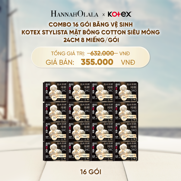  COMBO 16 GÓI BĂNG VỆ SINH KOTEX STYLISTA MẶT BÔNG COTTON SIÊU MỎNG CÁNH SƯỞI NĂNG 1620 GIỜ 24CM 8 MIẾNG/GÓI - D445 