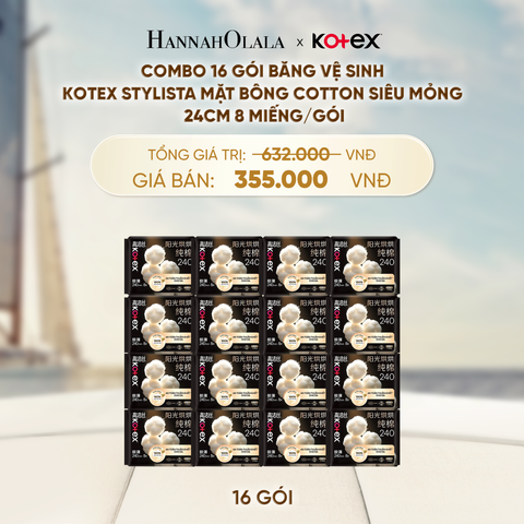  COMBO 16 GÓI BĂNG VỆ SINH KOTEX STYLISTA MẶT BÔNG COTTON SIÊU MỎNG CÁNH SƯỞI NĂNG 1620 GIỜ 24CM 8 MIẾNG/GÓI - A120 