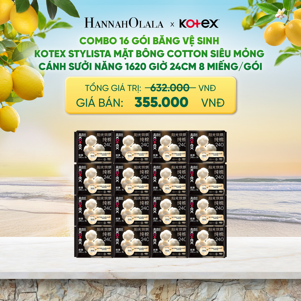  COMBO 16 GÓI BĂNG VỆ SINH KOTEX STYLISTA MẶT BÔNG COTTON SIÊU MỎNG CÁNH SƯỞI NĂNG 1620 GIỜ 24CM 8 MIẾNG/GÓI - A772 