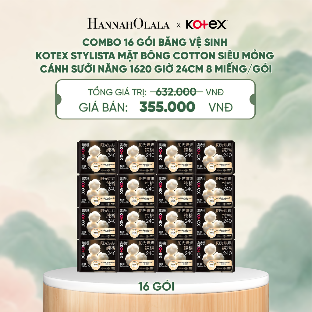  COMBO 16 GÓI BĂNG VỆ SINH KOTEX STYLISTA MẶT BÔNG COTTON SIÊU MỎNG CÁNH SƯỞI NĂNG 1620 GIỜ 24CM 8 MIẾNG/GÓI - A291 