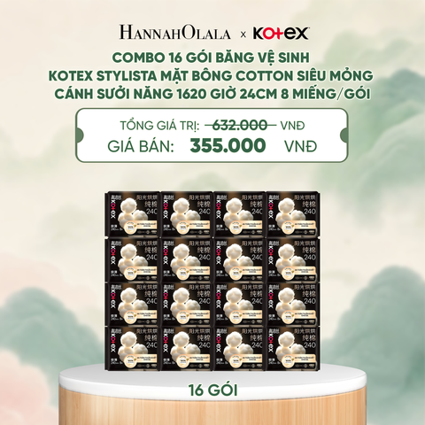  COMBO 16 GÓI BĂNG VỆ SINH KOTEX STYLISTA MẶT BÔNG COTTON SIÊU MỎNG CÁNH SƯỞI NĂNG 1620 GIỜ 24CM 8 MIẾNG/GÓI 